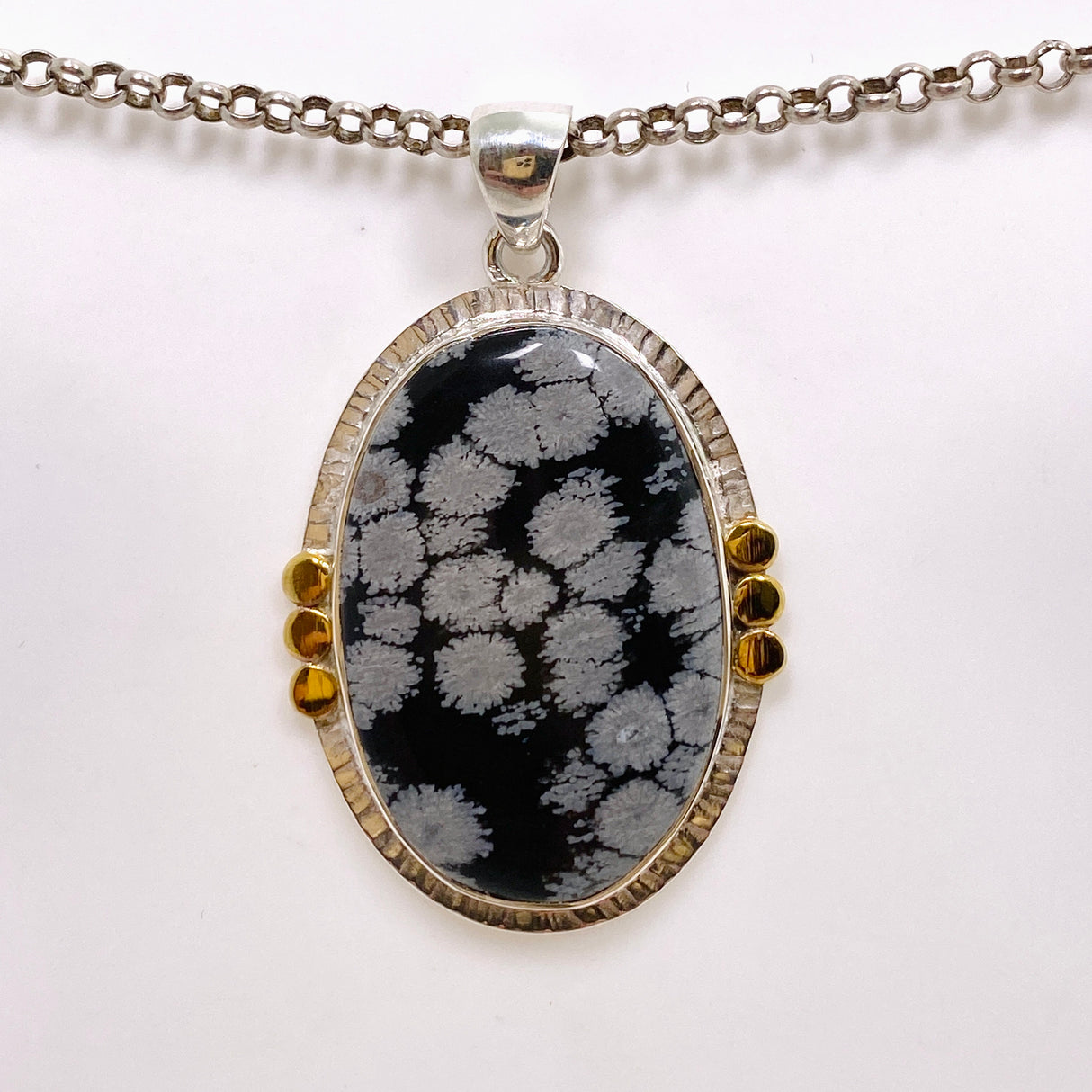 Snowflake Obsidian Oval Cabochon Pendant in a Decorative Setting KPGJ4772