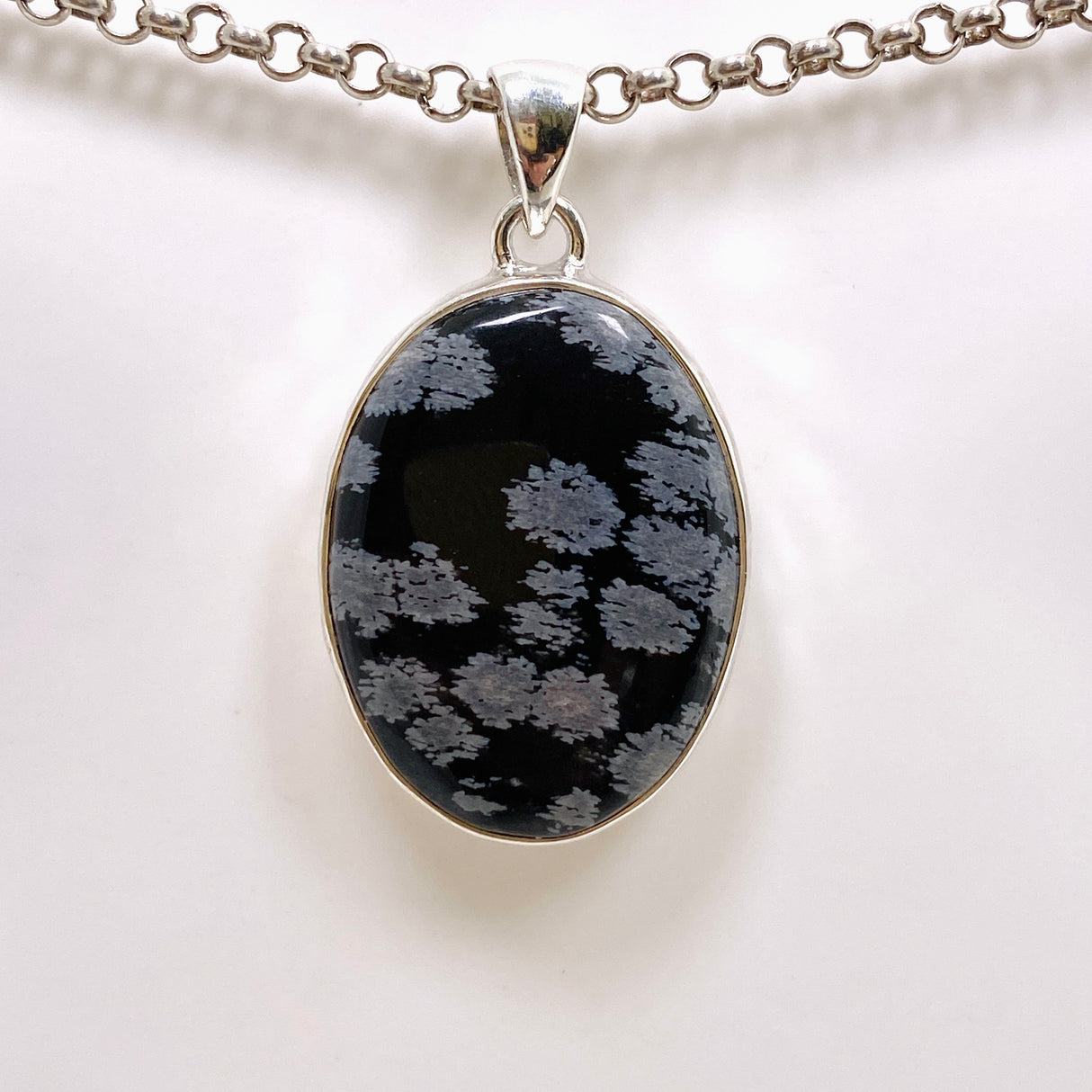 Snowflake Obsidian Oval Cabochon Pendant in a Hammered Setting KPGJ4771