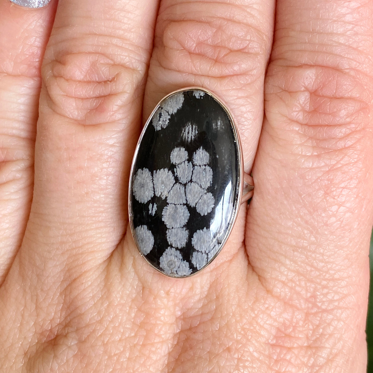 Snowflake Obsidian Oval Cabochon Split Band Ring Size 8 KRGJ3352