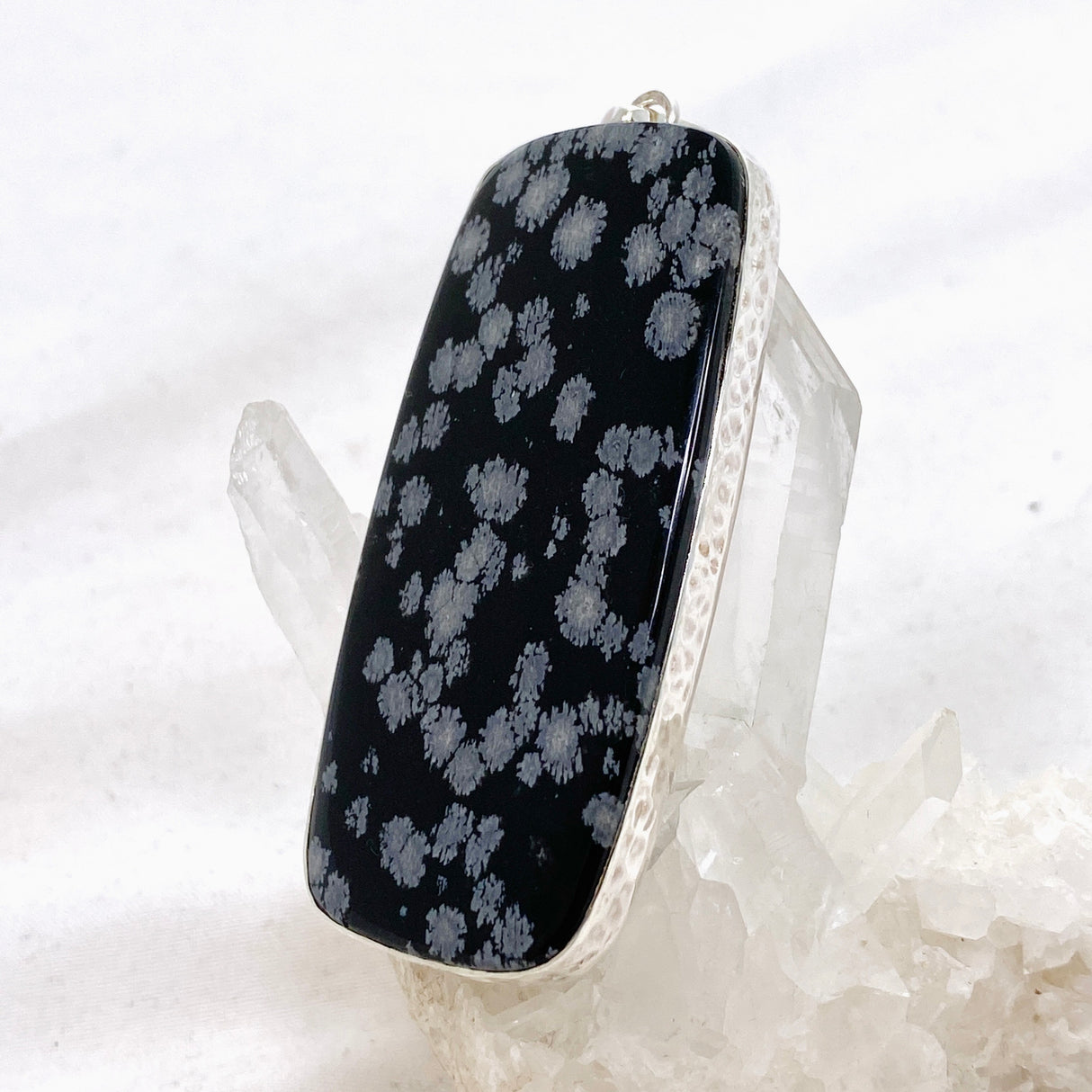 Snowflake Obsidian Rectangular Cabochon Pendant in a Hammered Setting KPGJ4776