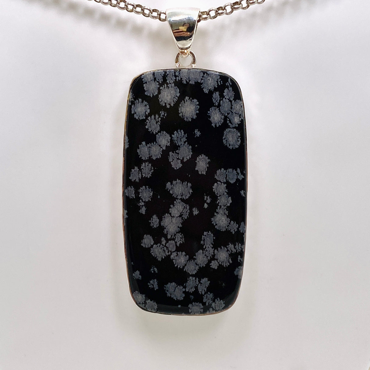 Snowflake Obsidian Rectangular Cabochon Pendant in a Hammered Setting KPGJ4776