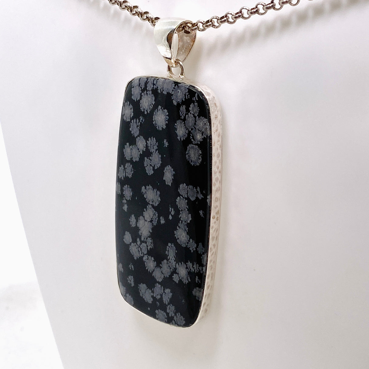 Snowflake Obsidian Rectangular Cabochon Pendant in a Hammered Setting KPGJ4776