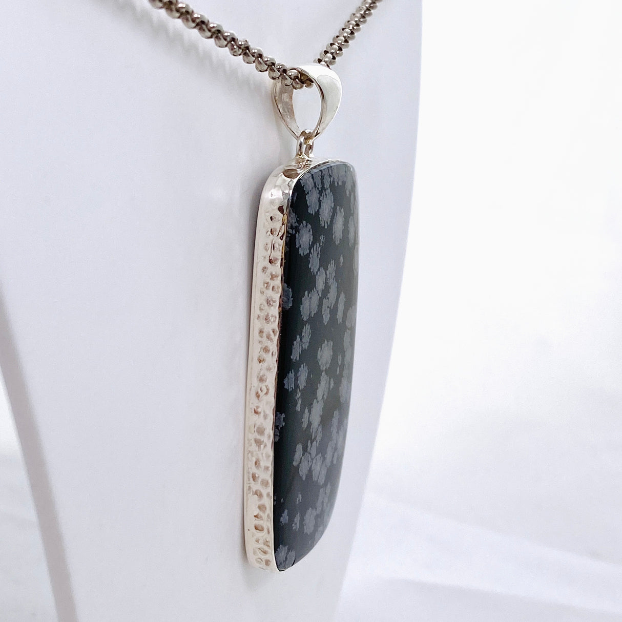 Snowflake Obsidian Rectangular Cabochon Pendant in a Hammered Setting KPGJ4776