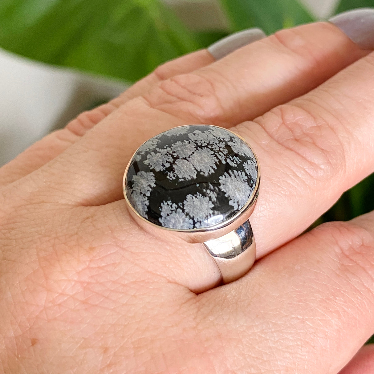 Snowflake Obsidian Round Cabochon Ring Size 8 KRGJ3350