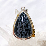 Snowflake Obsidian Teardrop Cabochon Pendant in a Decorative Setting KPGJ4773