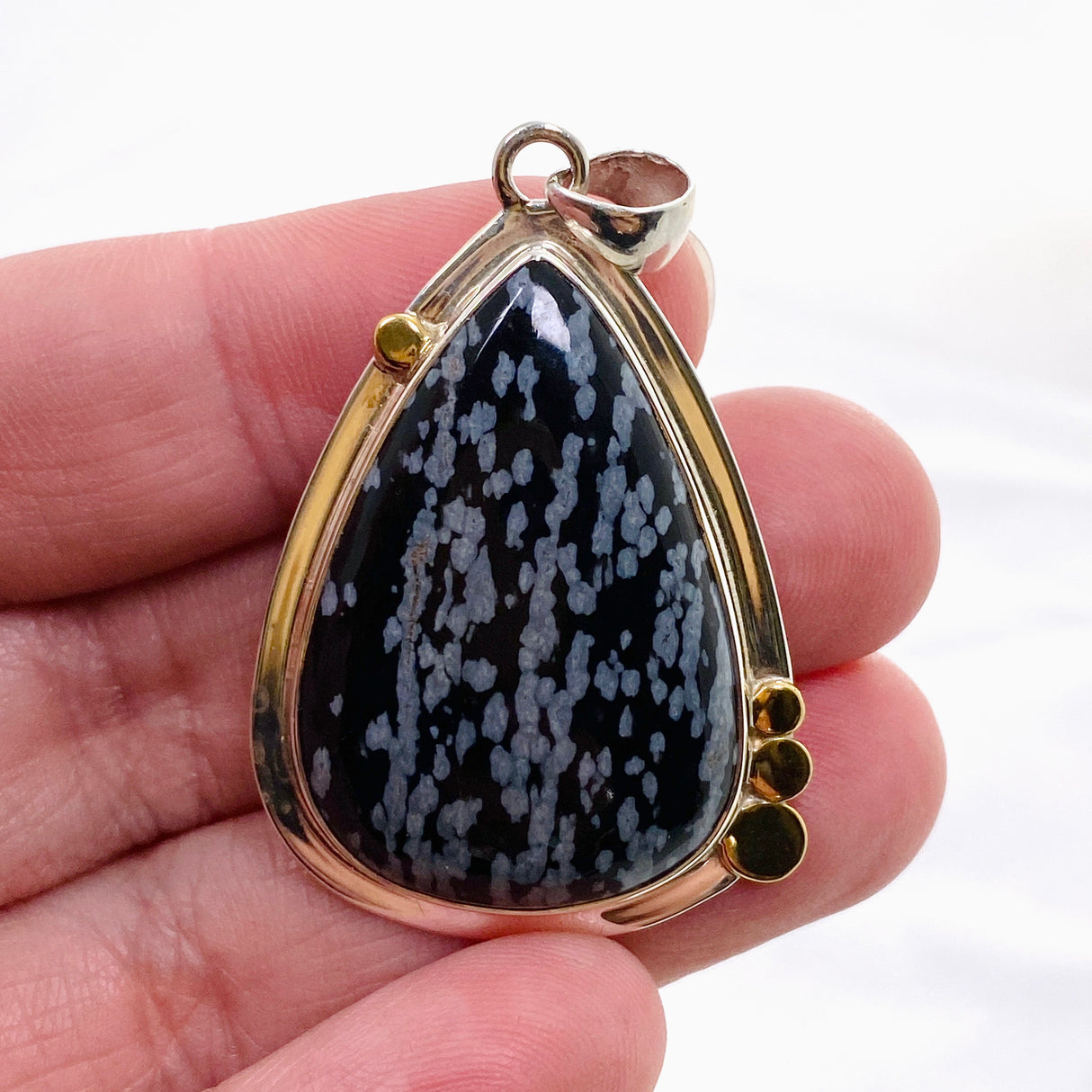 Snowflake Obsidian Teardrop Cabochon Pendant in a Decorative Setting KPGJ4773