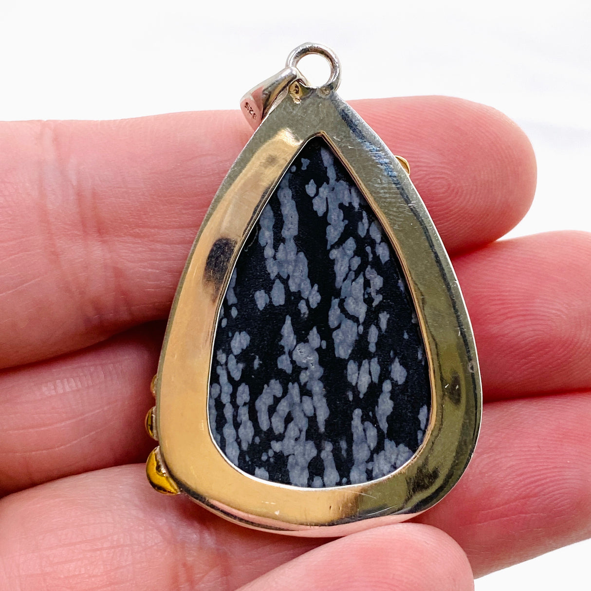 Snowflake Obsidian Teardrop Cabochon Pendant in a Decorative Setting KPGJ4773