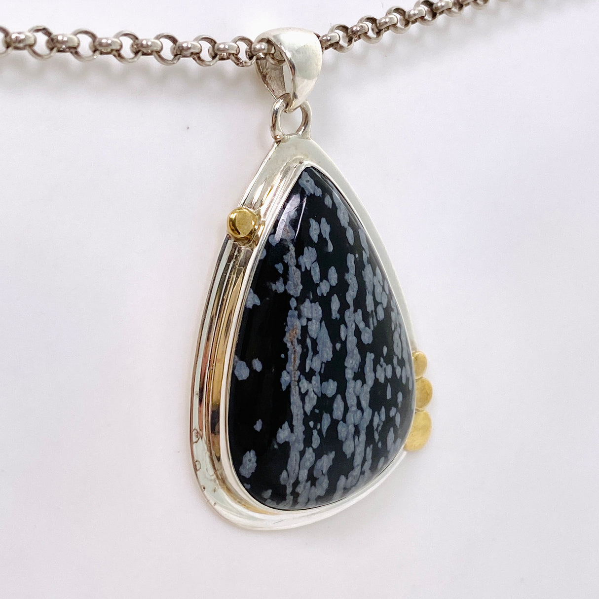 Snowflake Obsidian Teardrop Cabochon Pendant in a Decorative Setting KPGJ4773