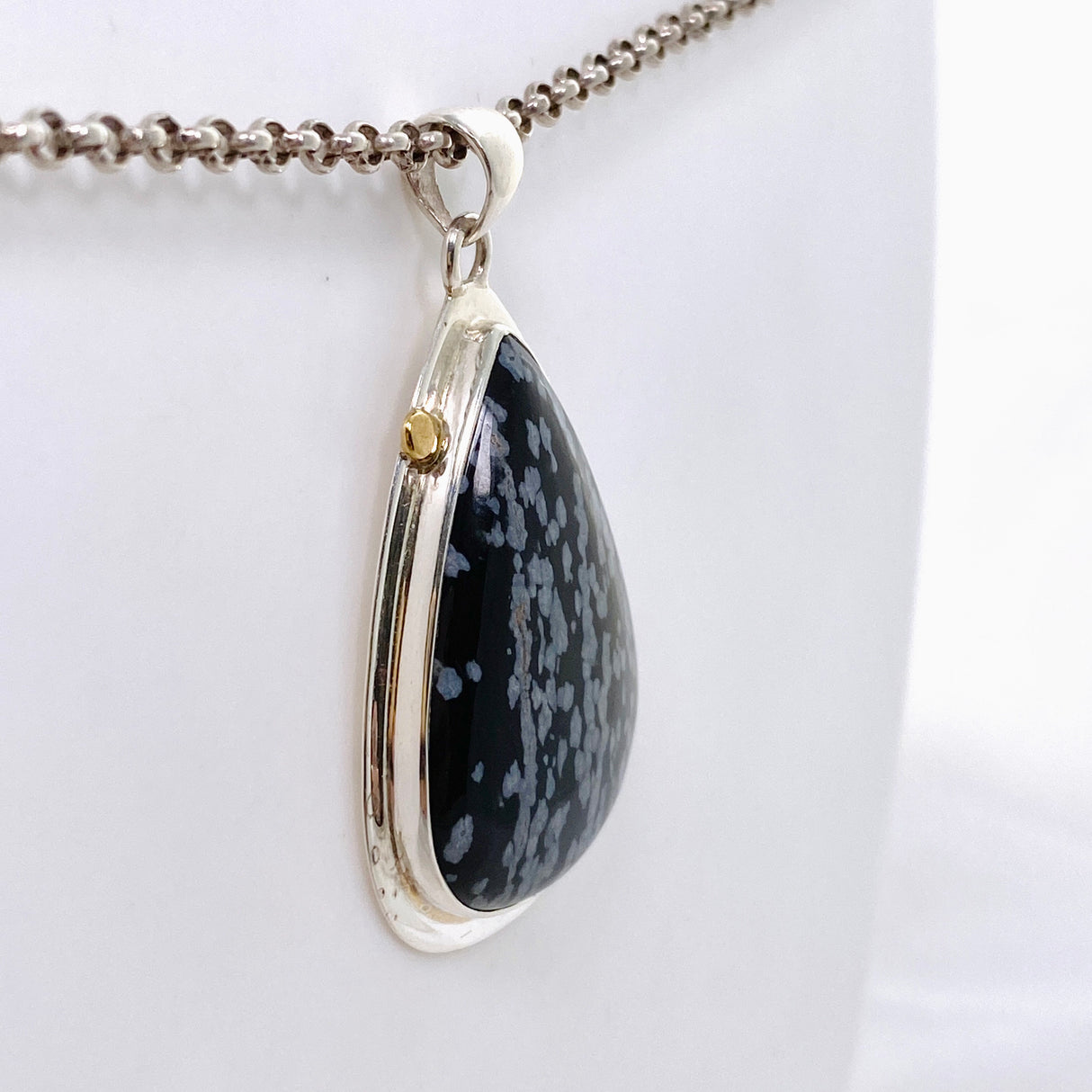 Snowflake Obsidian Teardrop Cabochon Pendant in a Decorative Setting KPGJ4773