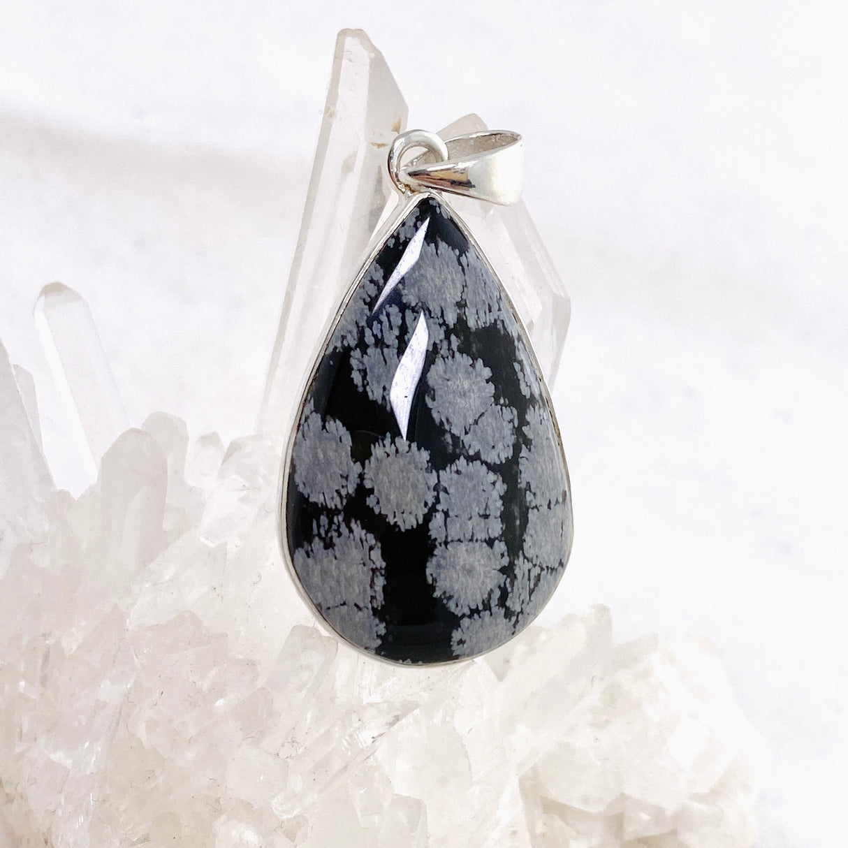 Snowflake Obsidian Teardrop Cabochon Pendant in a Hammered Setting KPGJ4774