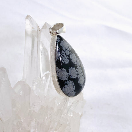 Snowflake Obsidian Teardrop Cabochon Pendant in a Hammered Setting KPGJ4774