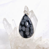 Snowflake Obsidian Teardrop Cabochon Pendant in a Hammered Setting KPGJ4774