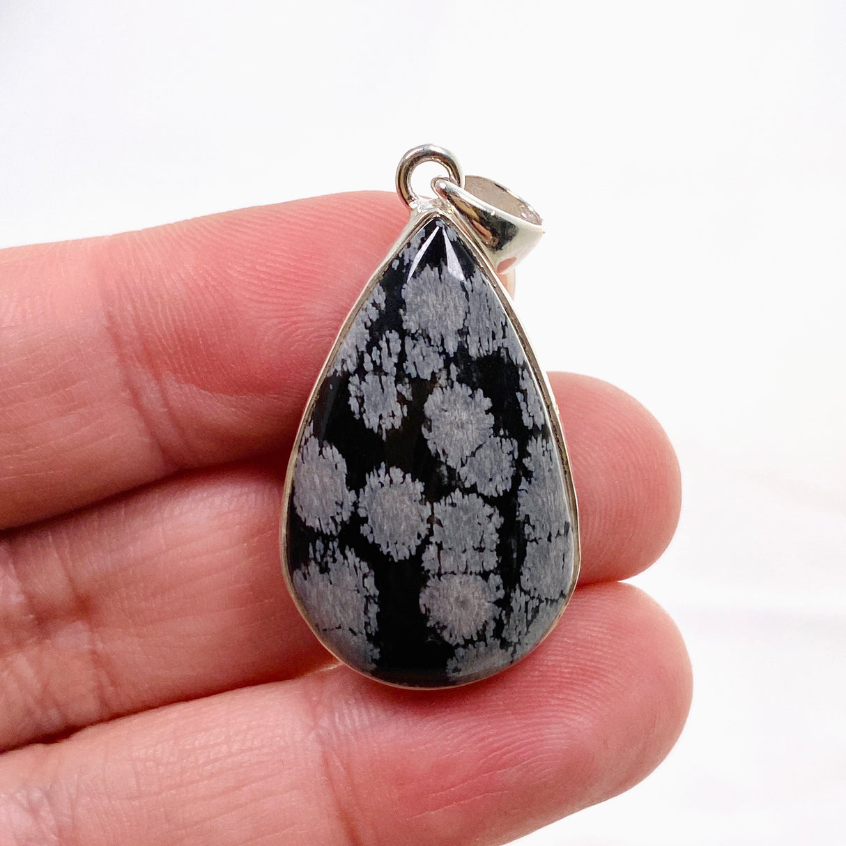 Snowflake Obsidian Teardrop Cabochon Pendant in a Hammered Setting KPGJ4774