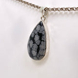 Snowflake Obsidian Teardrop Cabochon Pendant in a Hammered Setting KPGJ4774