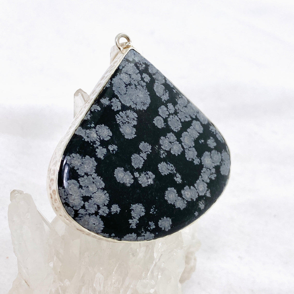 Snowflake Obsidian Teardrop Cabochon Pendant in a Hammered Setting KPGJ4775