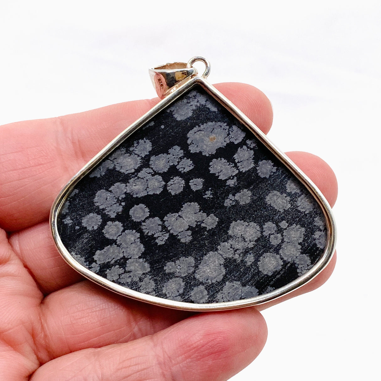 Snowflake Obsidian Teardrop Cabochon Pendant in a Hammered Setting KPGJ4775