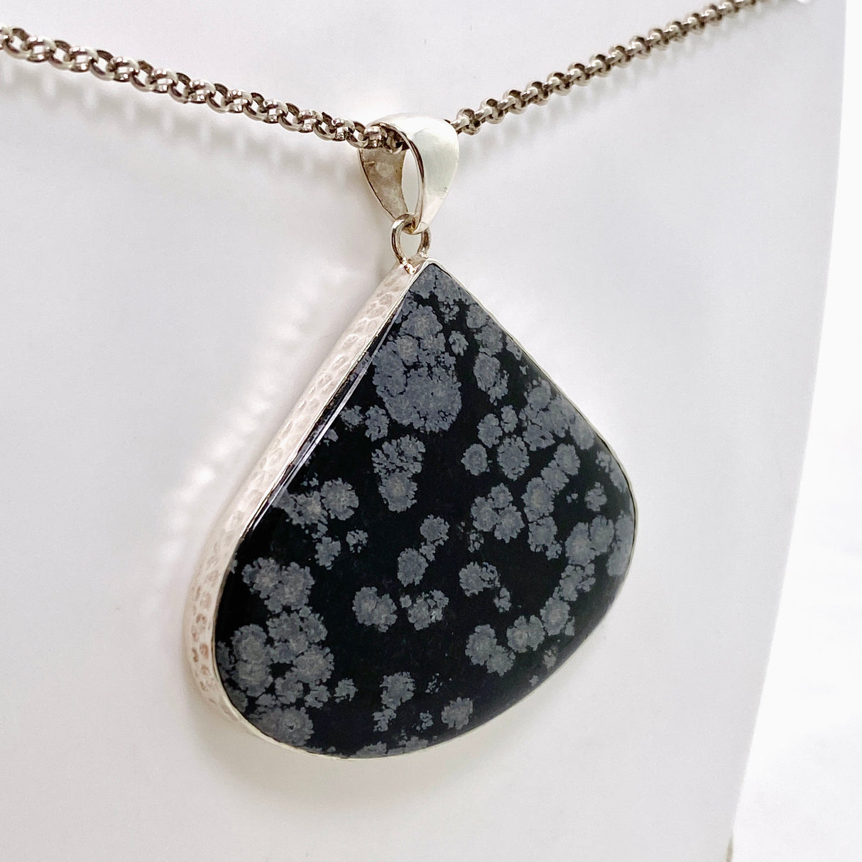 Snowflake Obsidian Teardrop Cabochon Pendant in a Hammered Setting KPGJ4775