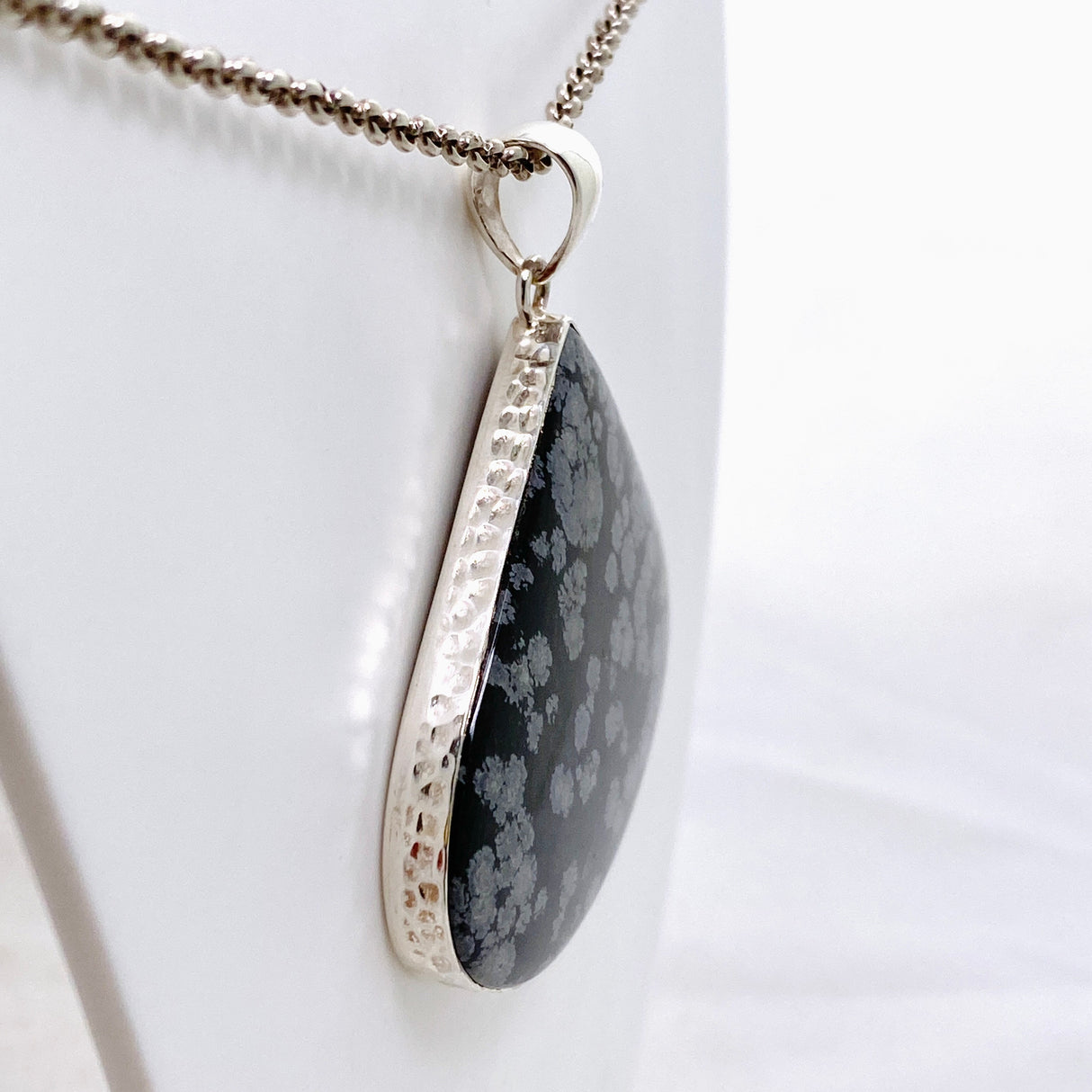 Snowflake Obsidian Teardrop Cabochon Pendant in a Hammered Setting KPGJ4775