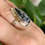 Snowflake Obsidian Teardrop Cabochon Ring in a Decorative Setting Size 7 KRGJ3354