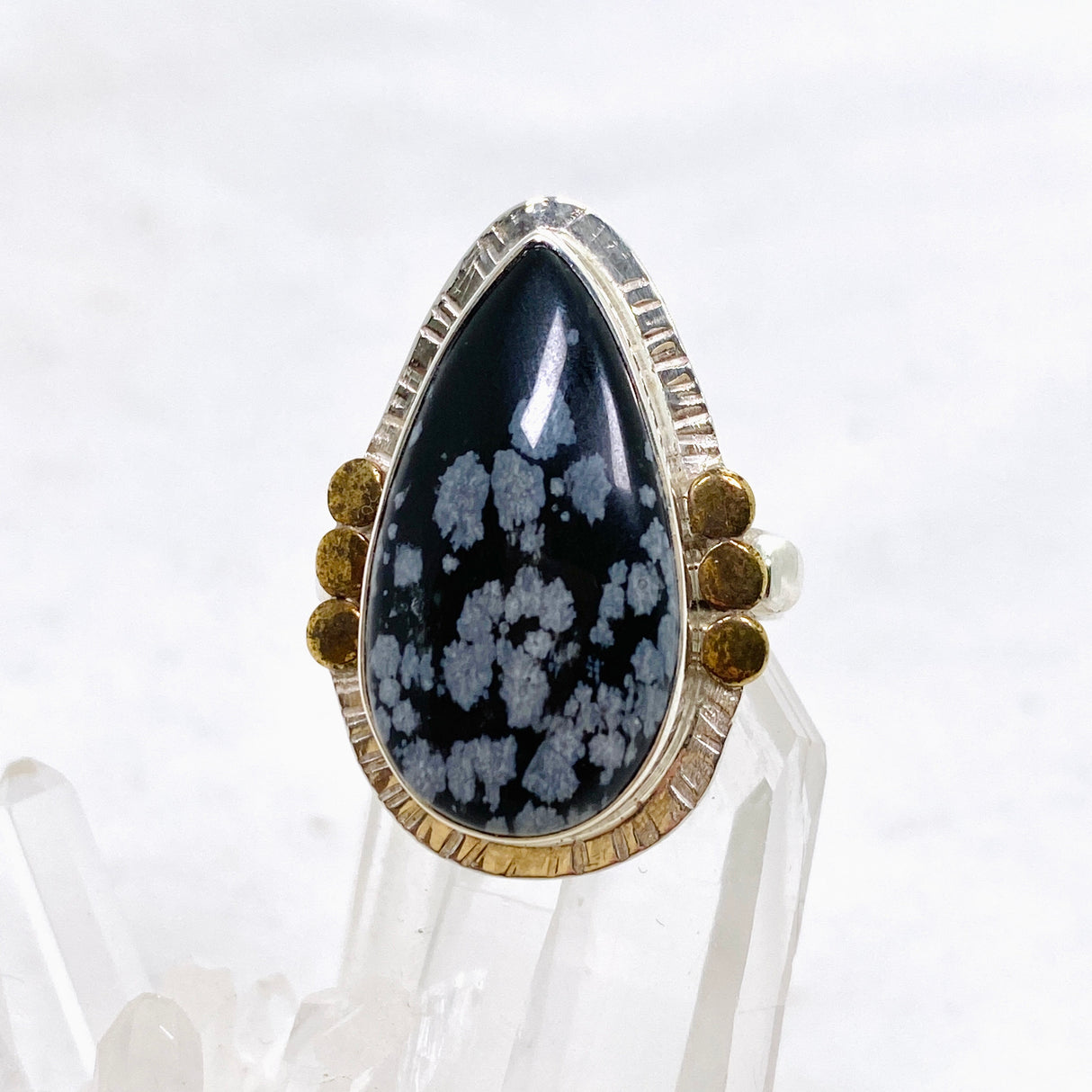 Snowflake Obsidian Teardrop Cabochon Ring in a Decorative Setting Size 7 KRGJ3354