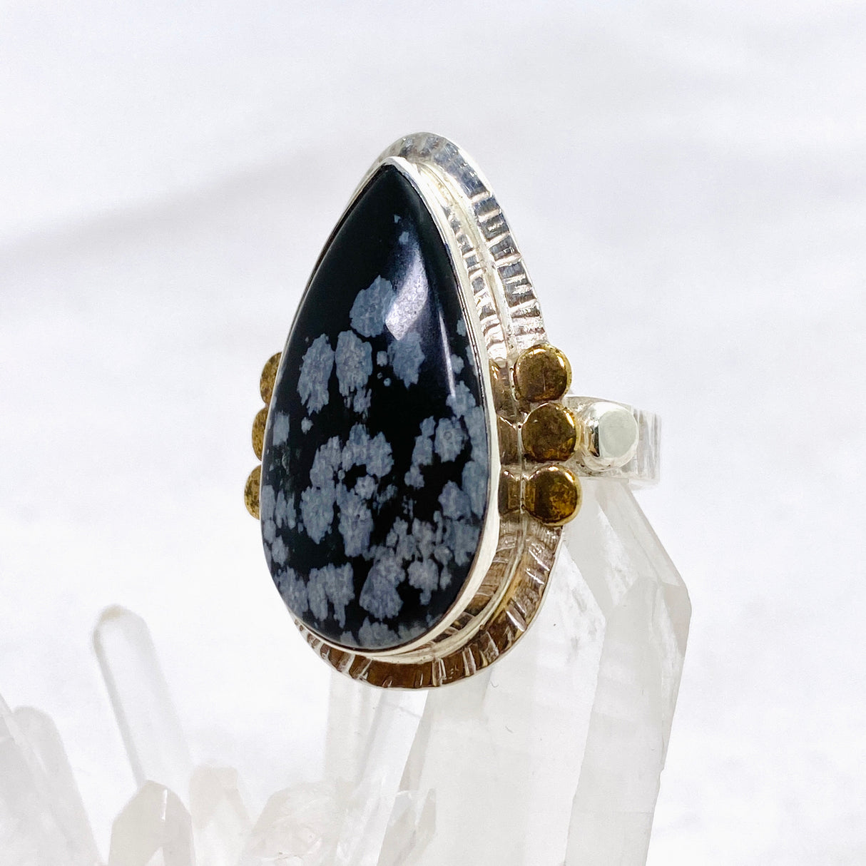 Snowflake Obsidian Teardrop Cabochon Ring in a Decorative Setting Size 7 KRGJ3354