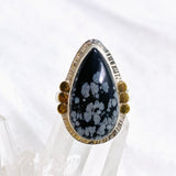 Snowflake Obsidian Teardrop Cabochon Ring in a Decorative Setting Size 7 KRGJ3354