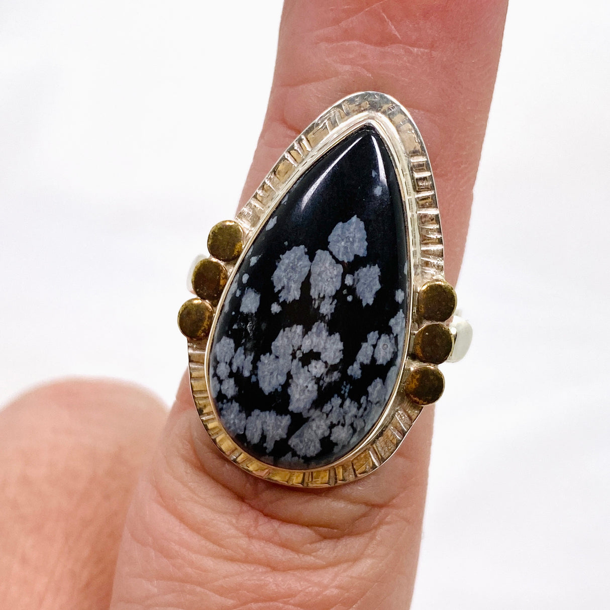 Snowflake Obsidian Teardrop Cabochon Ring in a Decorative Setting Size 7 KRGJ3354