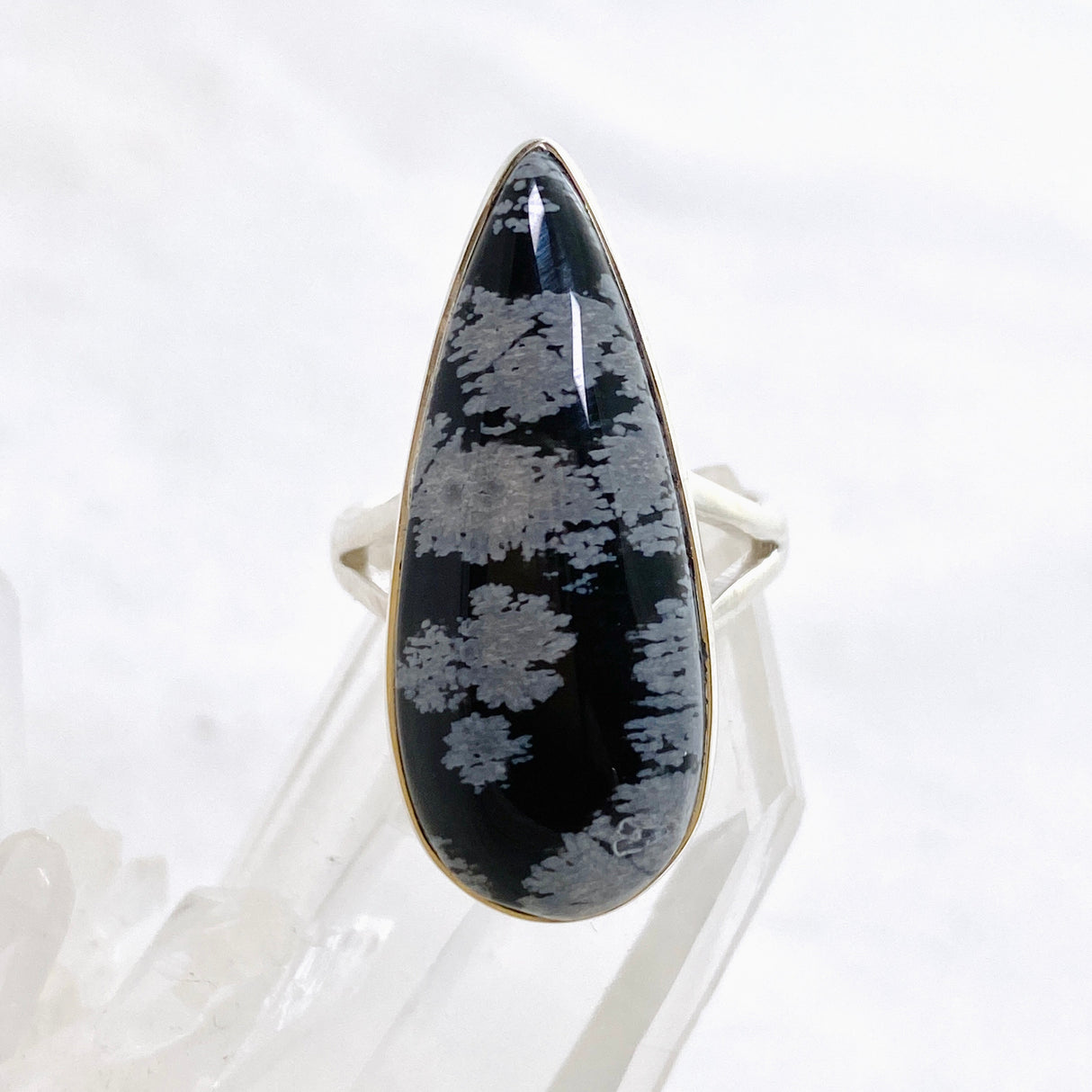 Snowflake Obsidian Teardrop Cabochon Split Band Ring Size 7 KRGJ3353