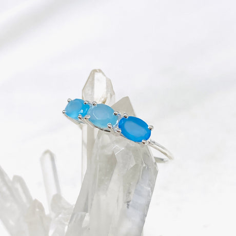 Triple Stone Faceted Ring Blue Chalcedony R4226