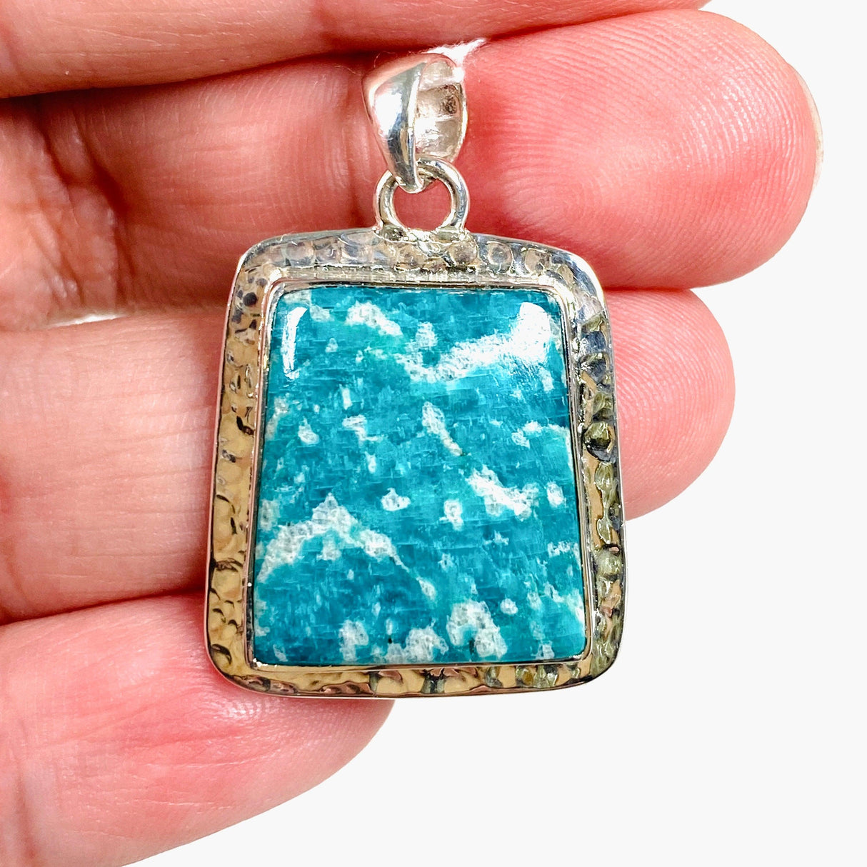 Amazonite rectangular pendant with hammered setting KPGJ3761 - Nature's Magick