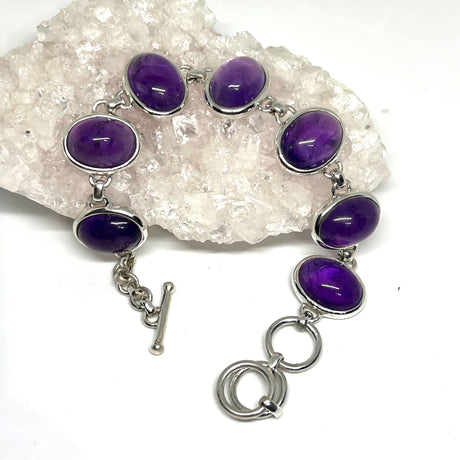 Amethyst large oval cabochon gemstones in 925 silver bezel setting bracelet PBGJ027