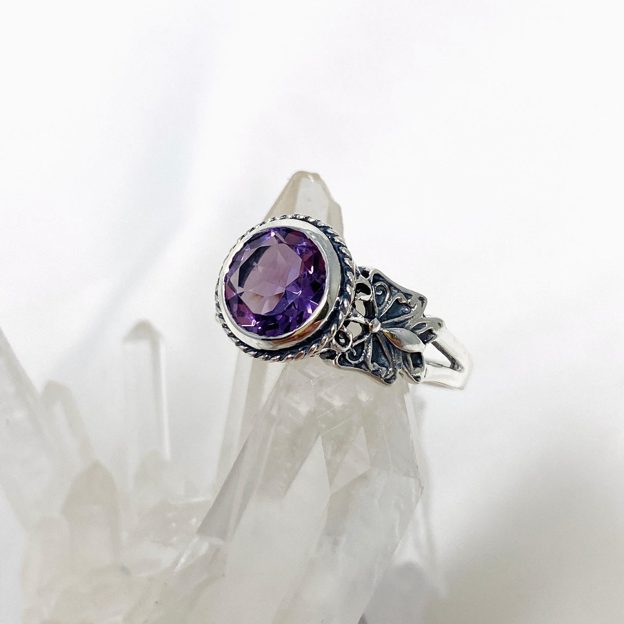 Amethyst Faceted Round Ring in a Decorative Setting R3671 - Nature's Magick