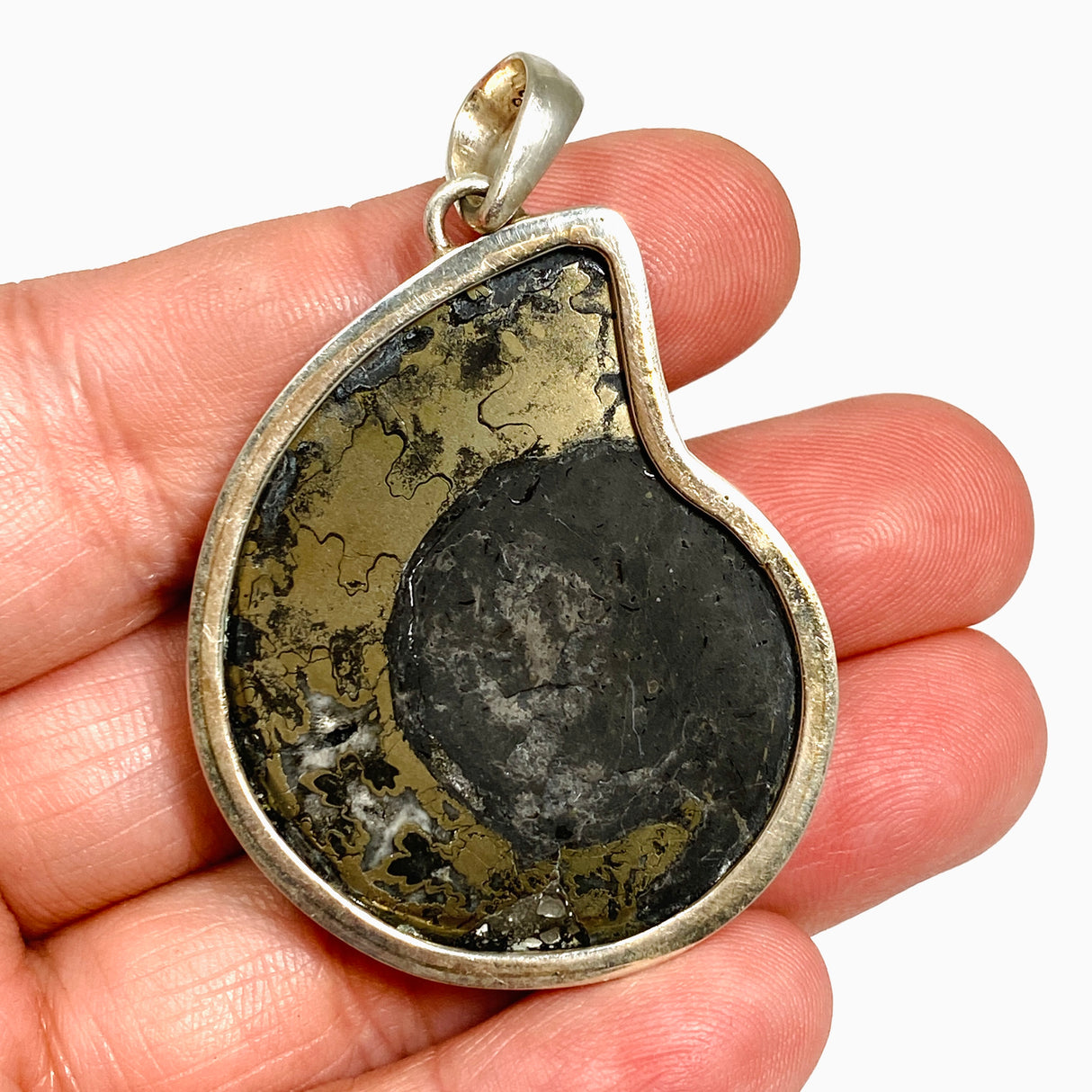 Ammonite Fossilised Shell with Pyrite Freeform Cabochon Pendant PPGJ1325