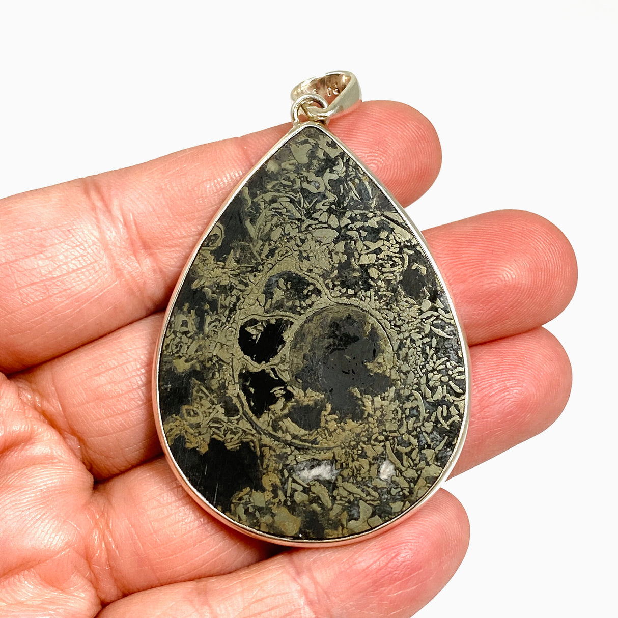 Ammonite Fossilised Shell with Pyrite Teardrop Cabochon Pendant PPGJ1323