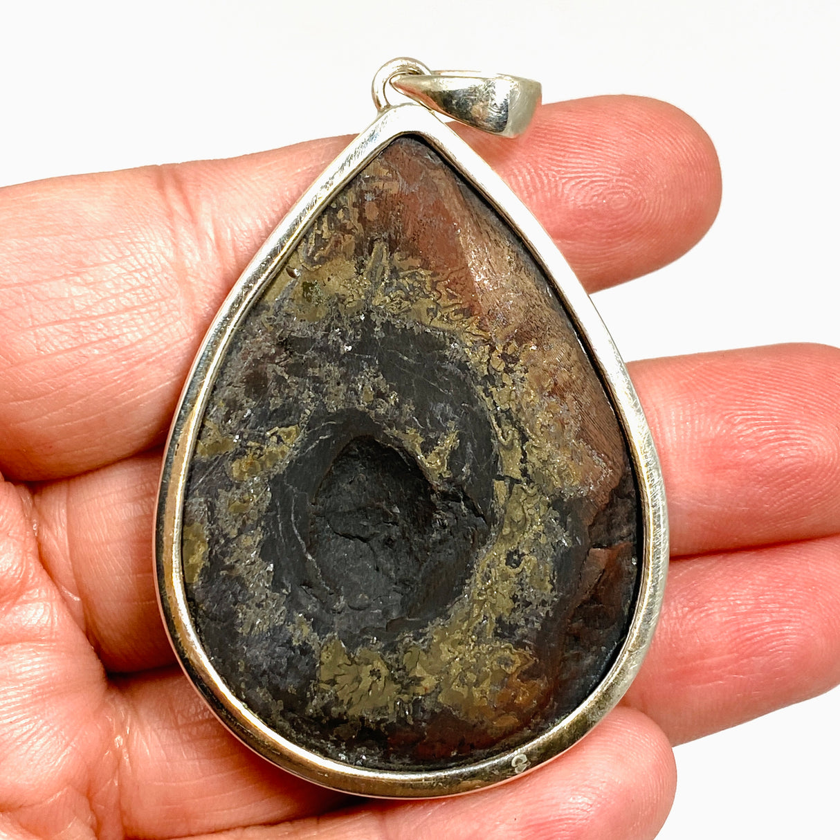 Ammonite Fossilised Shell with Pyrite Teardrop Cabochon Pendant PPGJ1323