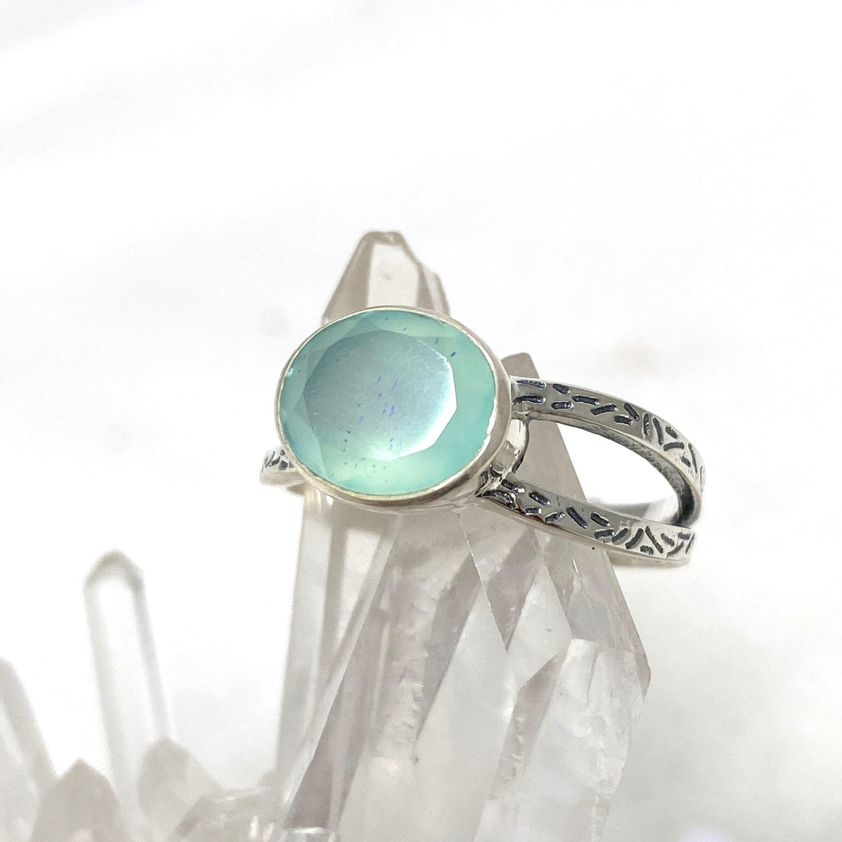 Aqua Chalcedony Faceted Oval Decorative Split Band Ring R3861 - Nature's Magick