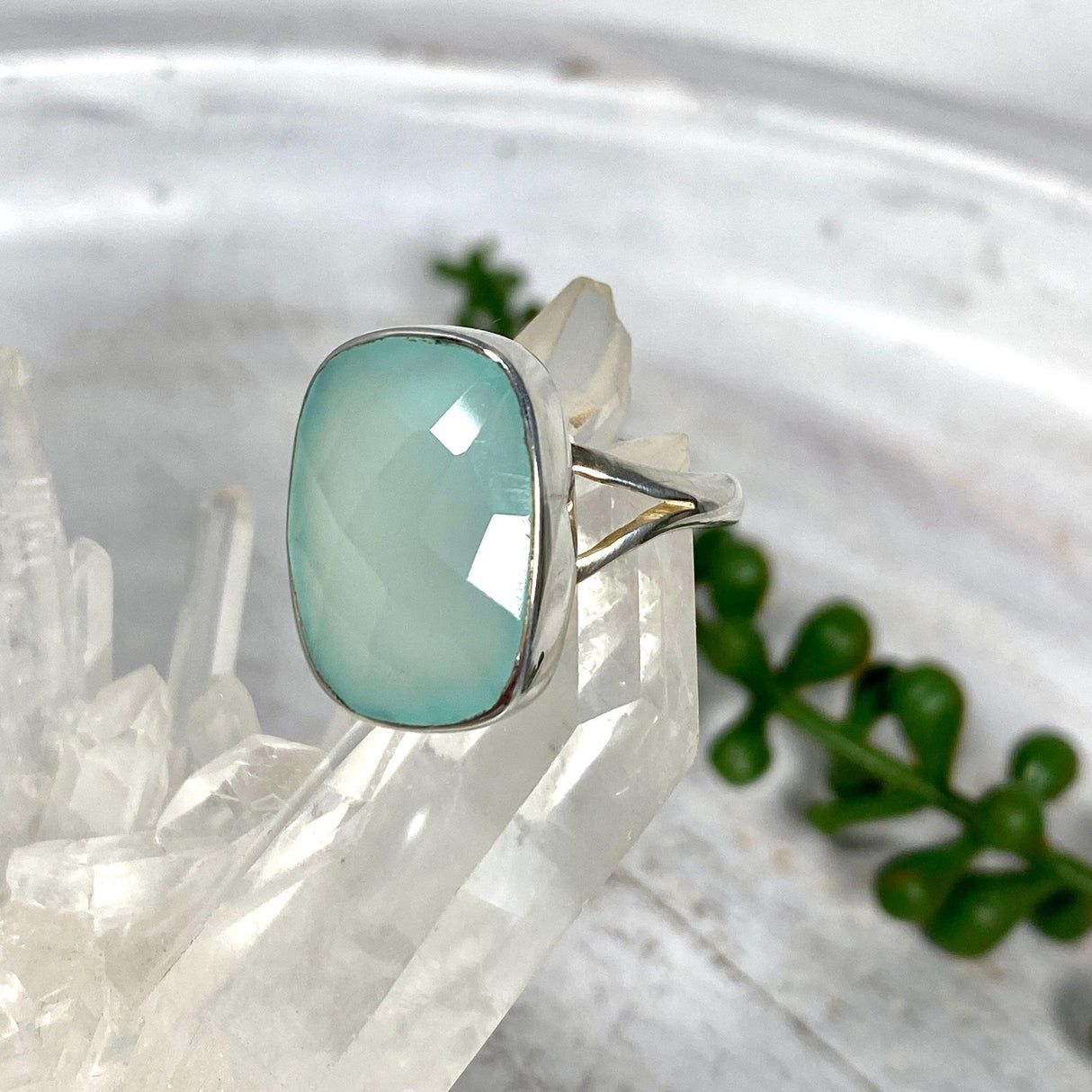 Aqua Chalcedony faceted rectangular ring s.8 KRGJ2436 - Nature's Magick