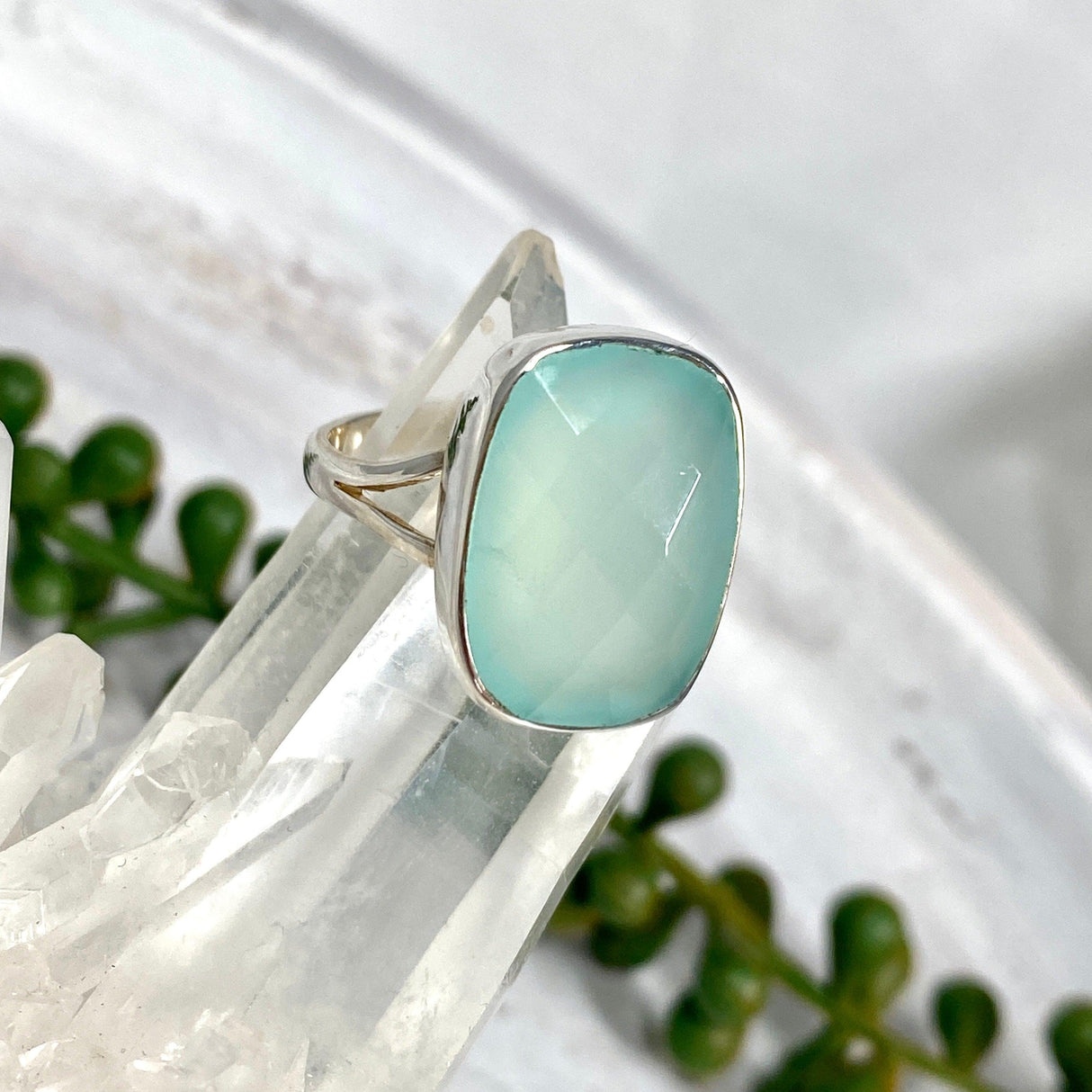 Aqua Chalcedony faceted rectangular ring s.8 KRGJ2436 - Nature's Magick