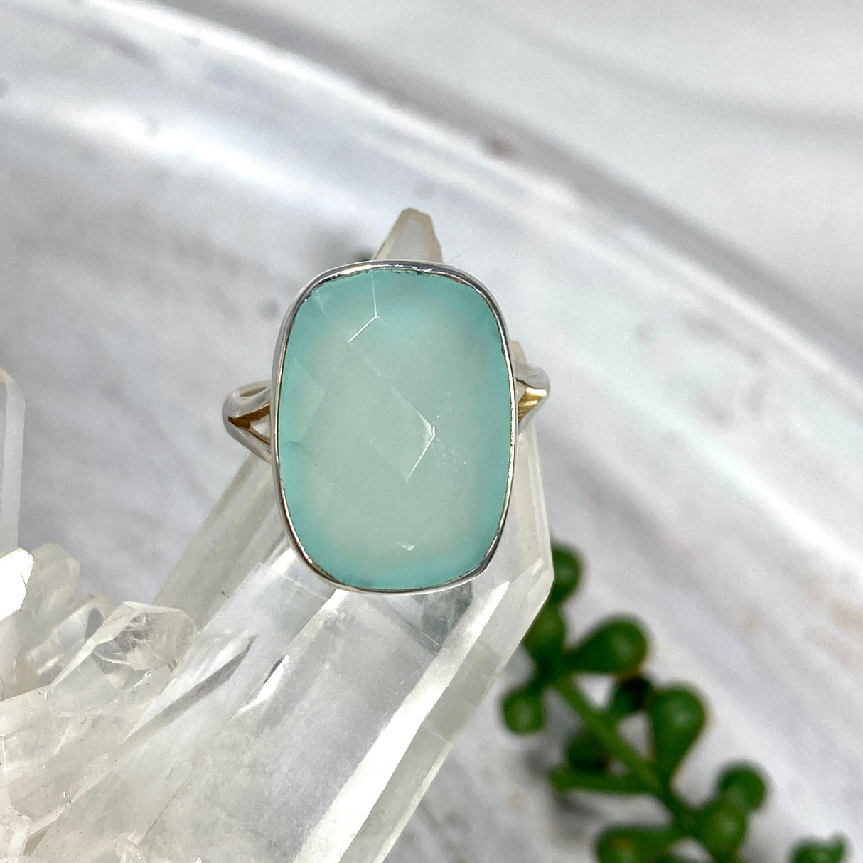 Aqua Chalcedony faceted rectangular ring s.8 KRGJ2436 - Nature's Magick