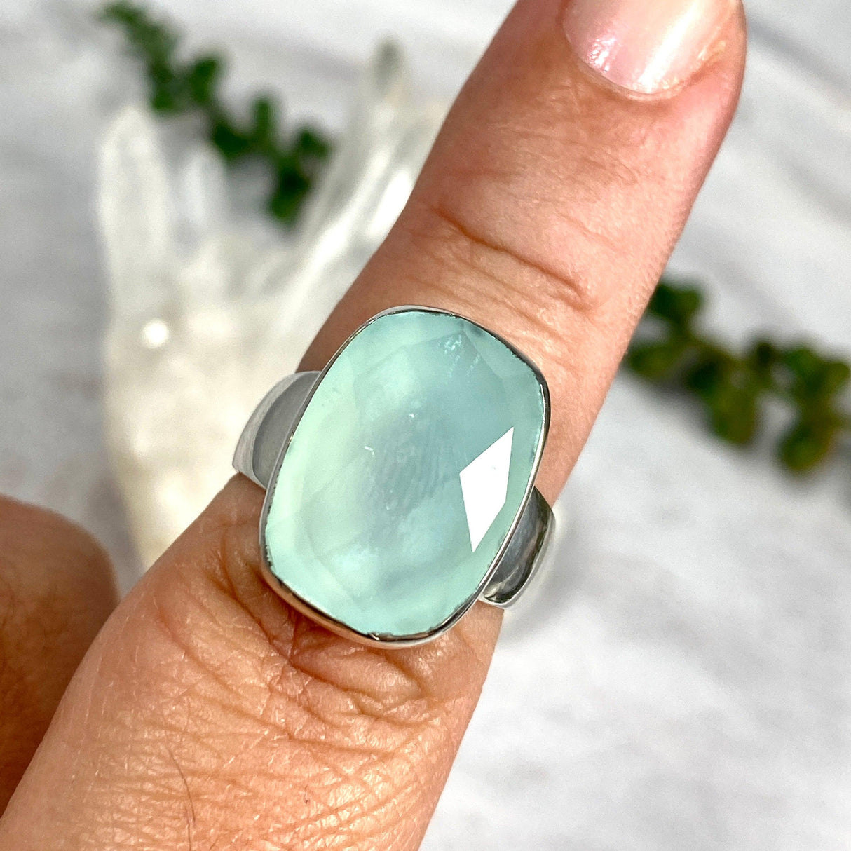 Aqua Chalcedony faceted rectangular ring s.8 KRGJ2437 - Nature's Magick