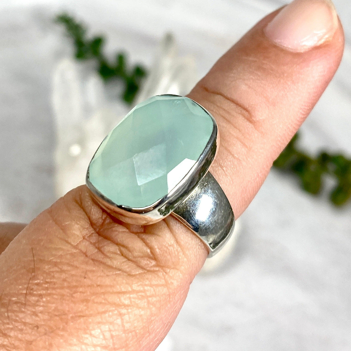 Aqua Chalcedony faceted rectangular ring s.8 KRGJ2437 - Nature's Magick