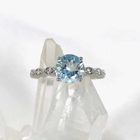Aquamarine Oval Faceted ring with CZ s.6 HRGJ-42 - Nature's Magick