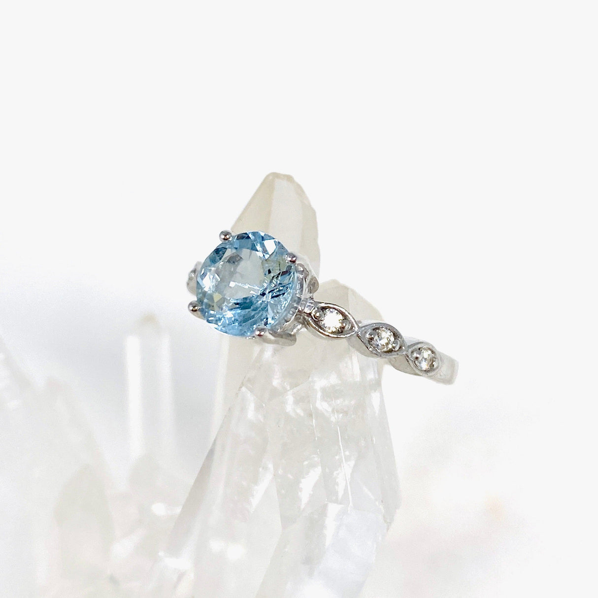 Aquamarine Oval Faceted ring with CZ s.6 HRGJ-42 - Nature's Magick