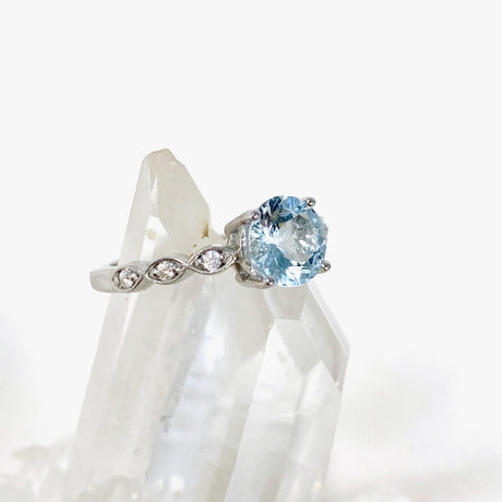 Aquamarine Oval Faceted ring with CZ s.6 HRGJ-42 - Nature's Magick