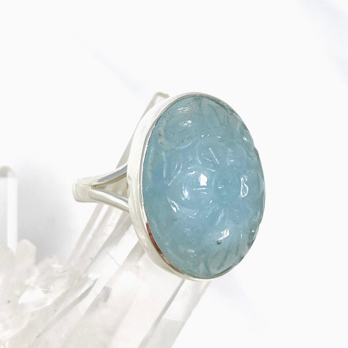 Aquamarine Oval Flower Carving Ring Size 11 KRGJ3256 - Nature's Magick