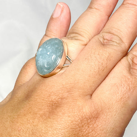 Aquamarine Oval Flower Carving Ring Size 11 KRGJ3256 - Nature's Magick