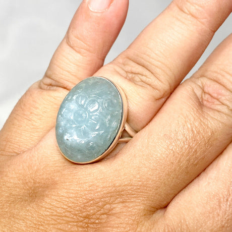 Aquamarine Oval Flower Carving Ring Size 11 KRGJ3256 - Nature's Magick