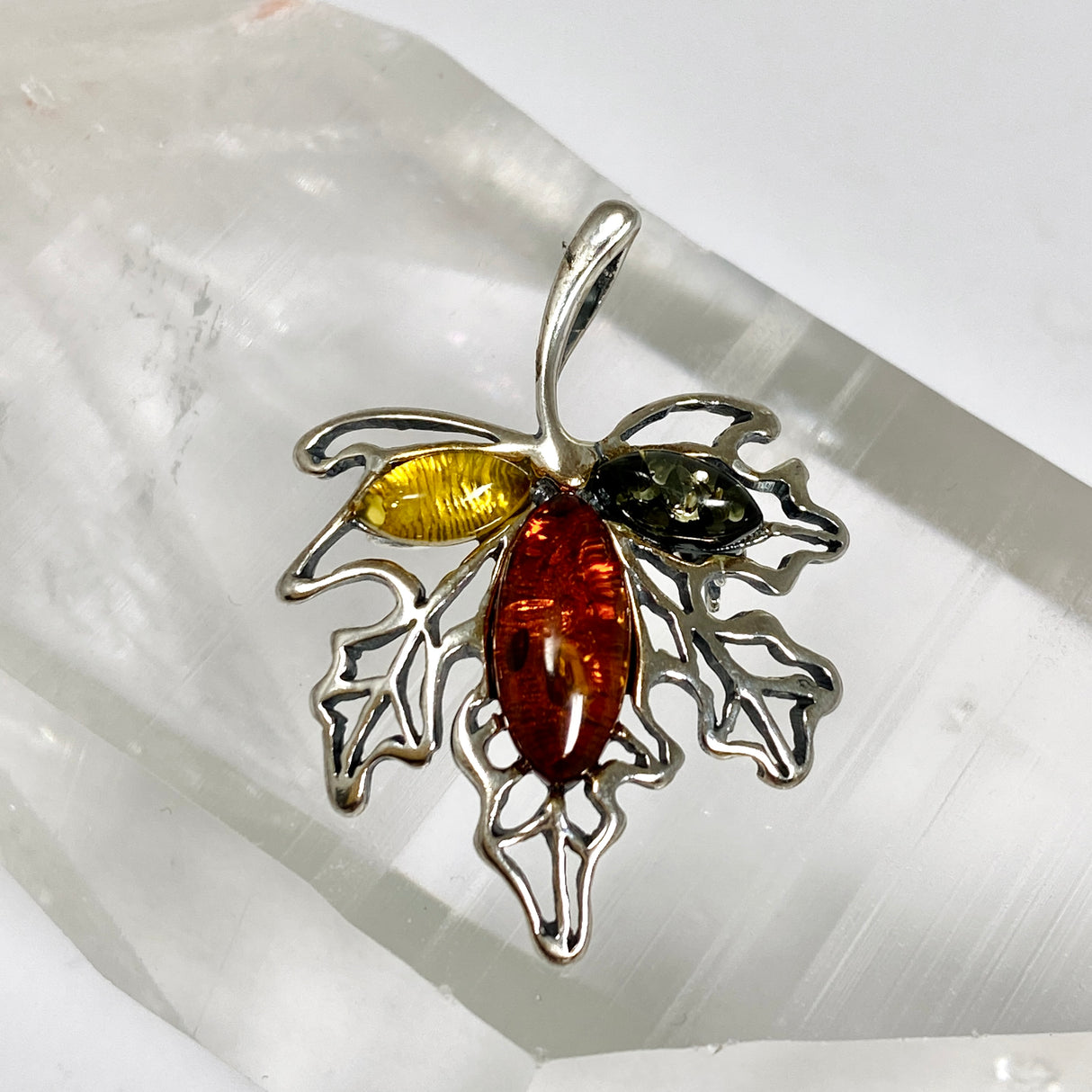 Baltic Amber Multi-coloured Leaf Brooch/Pendant AMB365