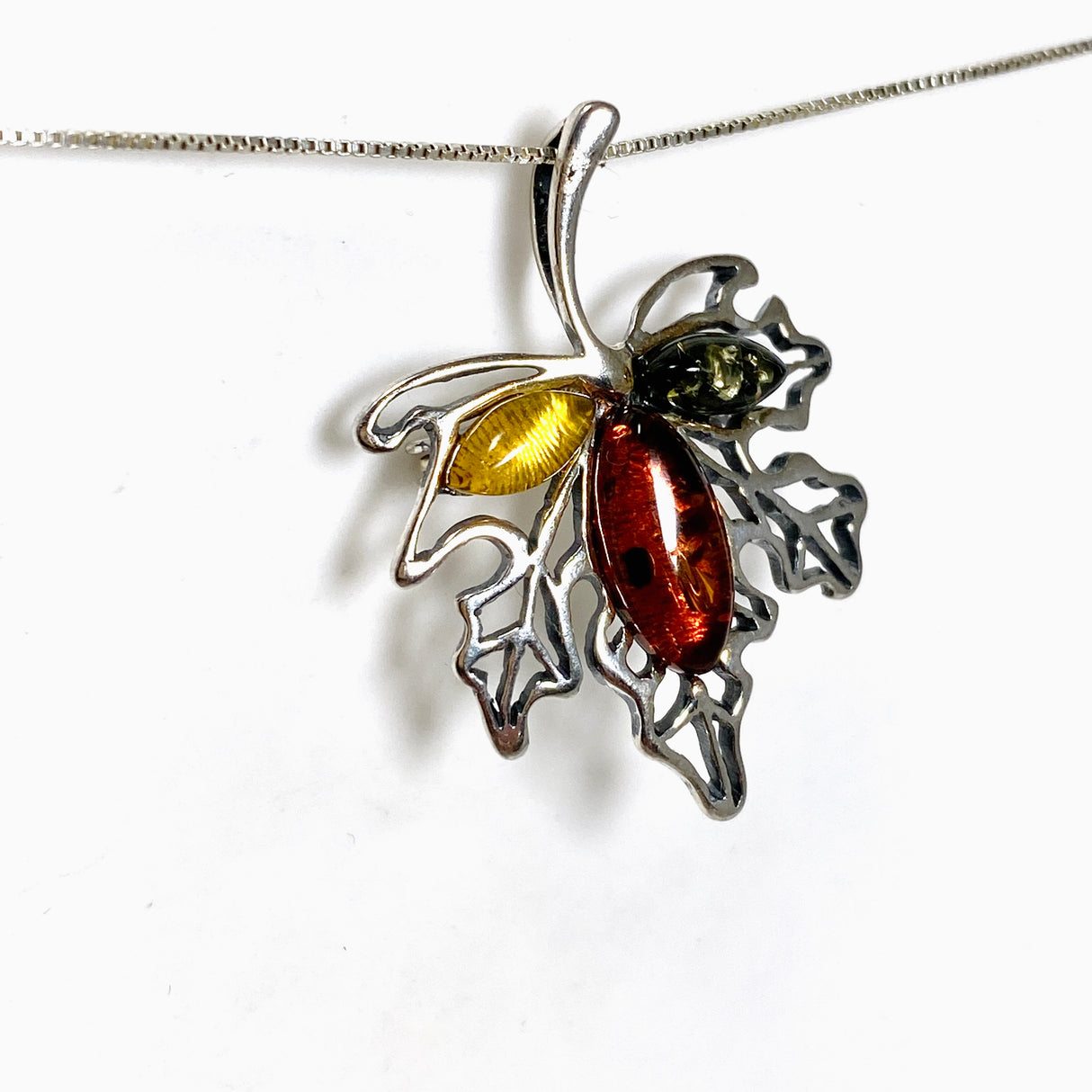 Baltic Amber Multi-coloured Leaf Brooch/Pendant AMB365