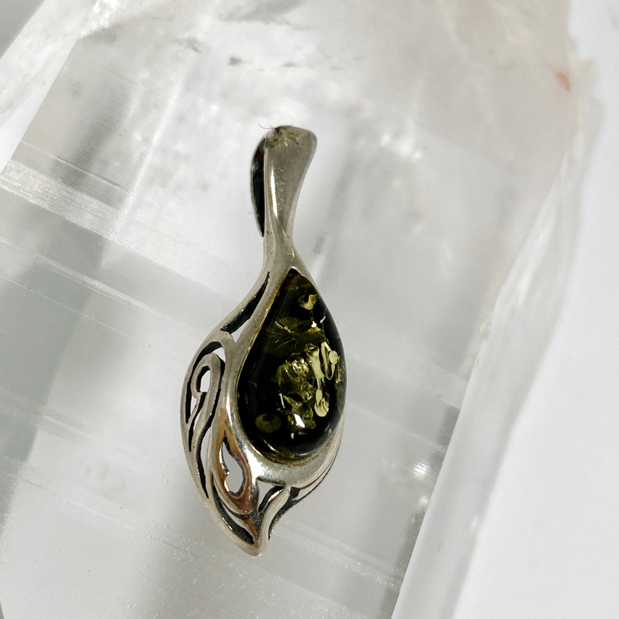 Baltic Green Amber Teardrop Cabochon Pendant AMB362